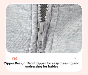 Detail of smooth resin zipper on light grey cotton knitted toddler sweatshirt jacket