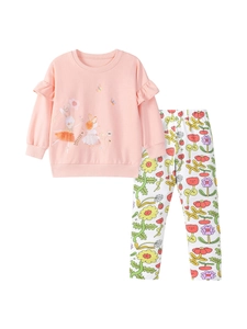 Girl's long-sleeve pink bunny sweatshirt and floral print pants set on white background
