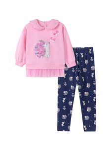 Pink cartoon girls sweatshirt with ruffles and blue hedgehog print leggings set