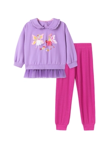 Girls purple sweatshirt with fairy embroidery and mesh hem paired with pink ribbed pants