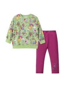 Girls long sleeve cotton set with green cartoon sweatshirt and purple starfish pants