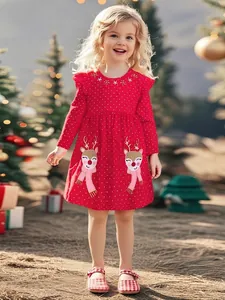 Toddler Girl Christmas Red Polka Dot Long Sleeve Dress With Reindeer Embroidery Ruffled Cute Princess Party Holiday Dress