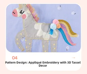 Dettaglio dell'abito viola da bambina con toppa a unicorno ricamata e nappe blu