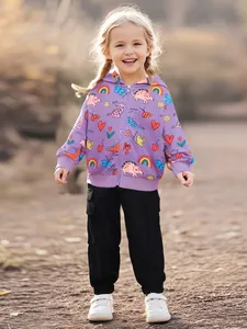 Girls Cartoon Dinosaur Rainbow Printed Hooded Sweatshirt Autumn Long Sleeve Jacket Purple Cartoon Kids Zip Up Outerwear
