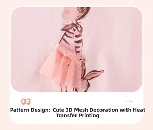 Détail de robe en coton rose avec dessin animé par transfert et décor en tulle mesh 3D