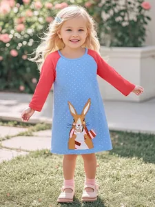 Girls Cotton Long Sleeve Polka Dot Dress Cute Cartoon Rabbit Applique Contrast Color Patchwork Casual Autumn Kids Clothing