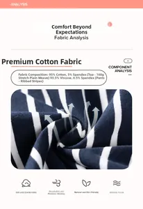 Detail of navy blue striped cotton fabric with breathable arrows and material specs