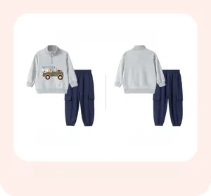 Toddler boys long sleeve sweatshirt set with grey pullover and navy cargo pants