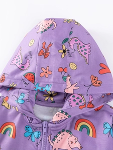 Purple girls hooded zip-up sweatshirt with colorful cartoon dinosaur and rainbow prints