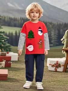 Ensemble de Vêtements de Noël en Coton pour Garçons Haut Rouge à Manches Longues Broderie et Pantalon Cargo Marine