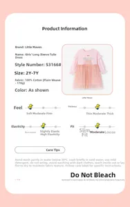 Tableau des tailles et guide d'entretien pour robe fille en coton et tulle rose