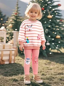Girls Christmas Clothing Outfit Orange White Striped Long Sleeve Sweatshirt Pink Leggings Applique Reindeer Pattern Cotton Clothes