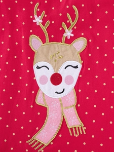Red cotton girls' dress with golden polka dots and festive reindeer embroidery