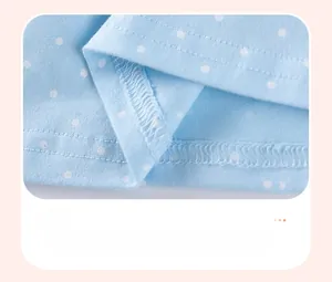 Detail view of double needle hem stitching on blue polka dot cotton dress fabric