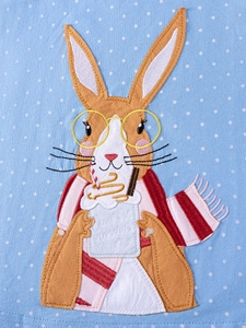 Blue polka dot kids dress with cartoon rabbit embroidery and hot chocolate text