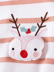 Girl's pink striped Christmas outfit featuring a cute reindeer embroidery applique