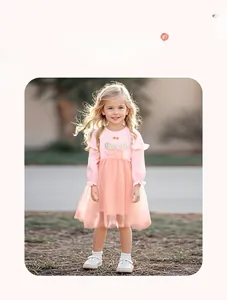 Vue détaillée de la robe rose pour petite fille avec motif papillon et jupe en tulle doux