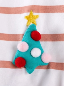 Toddler girl Christmas outfit featuring pink striped knit fabric and festive tree embroidery