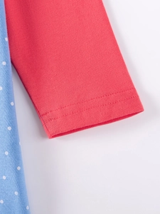Blue polka dot cotton dress with red long sleeves and premium stitching detail