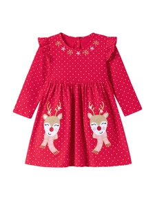 Red long sleeve cotton girl's dress with white polka dots and reindeer embroidery