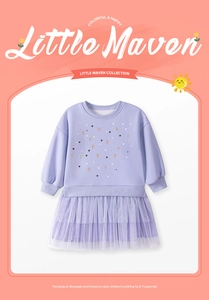 Detail of girls' lilac long-sleeved dress with star embroidery and layered tulle skirt