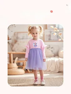 Détail de la robe fille en coton à manches longues avec jupe en tulle violet et paillettes