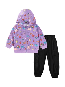 Girls purple zip hoodie with dinosaur print and black cargo pants two-piece outfit