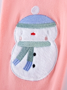 Pink knit toddler outfit featuring a plush snowman appliqué with festive embroidery details