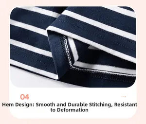 Detail showing high-quality double-needle stitching on blue striped cotton knit shirt hem
