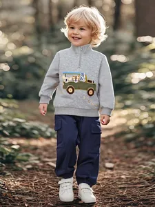 Boys Autumn Cotton Polyester Casual Long Sleeve Half Zip Sweatshirt And Cargo Pants Set With Cartoon Animal Embroidery