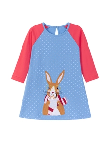Girl's long-sleeve cotton dress with polka dots, raglan sleeves, and cartoon rabbit print