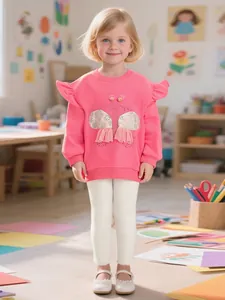 Toddler Girls Casual 2 Piece Clothing Set Pink Flutter Sleeve Sweatshirt With 3D Butterfly Embroidery And White Ribbed Pants