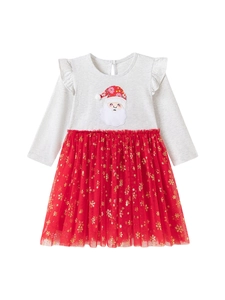 Girls long sleeve Christmas dress with Santa applique and gold snowflake tutu skirt