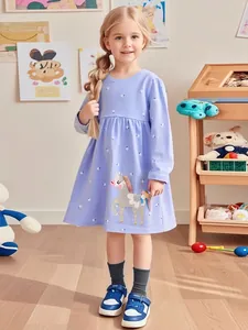 Vestito da Bambina a Maniche Lunghe in Cotone Viola Lavanda Motivo Floreale Applicazione Unicorno per Autunno Quotidiano