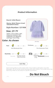 Detail view of purple fleece dress for girls with tulle skirt and size chart