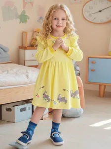 Robe à Manches Longues pour Filles à Pois Avec Broderie Lapin Abeille Florale Volants en Coton Robe de Princesse Jaune Tenue d'Automne