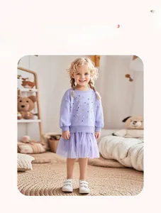 Detail of girls purple long sleeve sweatshirt with stars and layered tulle tutu skirt