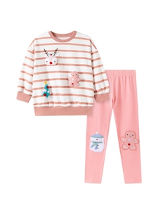 Pink striped girls' Christmas loungewear set with reindeer and gingerbread embroidery
