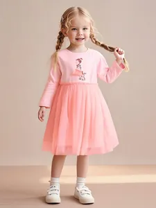 Robe Tutu en Maille Rose à Manches Longues pour Filles Imprimé Cartoon Fille Lapin Robe de Princesse pour Enfants