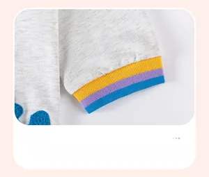 Détail des poignets côtelés rayés colorés sur une robe en maille grise pour fille