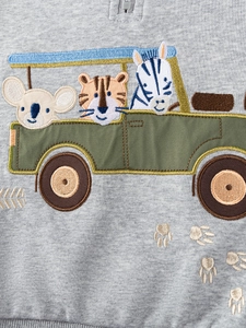 Kids grey cotton sweatshirt with colorful cartoon animal embroidery and safari car motif