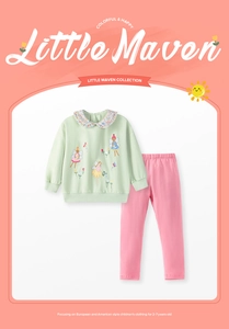 Mädchen Herbst-Set mit Blumenkragen-Sweatshirt und rosa Hose in flacher Liege-Präsentation