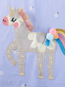 Abito bambina maniche lunghe con unicorno floreale applicato e pompon colorati