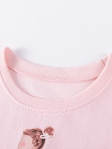 Robe rose à manches longues pour enfant en coton avec imprimé fille et col rond