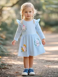 Little Maven Girls Long Sleeve Cotton Dress Light Blue Polka Dot Rabbit Flower Embroidery Ruffle Casual Autumn Toddler Dress