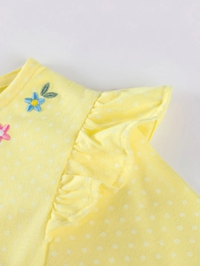 Robe jaune pour filles à pois avec broderie florale et détails de manches à volants