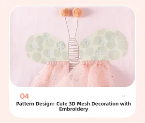 Détail de la robe rose en coton avec motif papillon et jupe en tulle pailletée