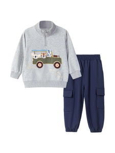 Light gray half-zip sweatshirt with embroidered cartoon animals and navy cargo jogger pants