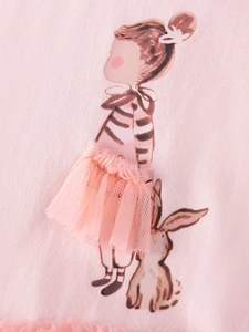 Robe rose à manches longues pour filles avec motif lapin et détails en tulle 3D doux