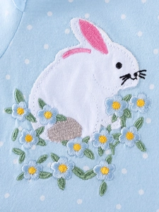 Blue polka dot girl dress featuring cute white rabbit embroidery and floral details